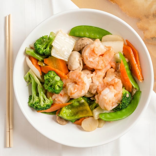 Steam Jumbo Shrimp with Mixed Vegetables.