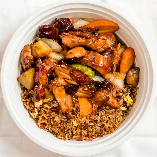 Dinner Bourbon Chicken Combination Platter.